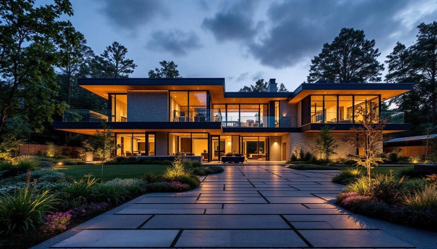 Modern independent house at dusk