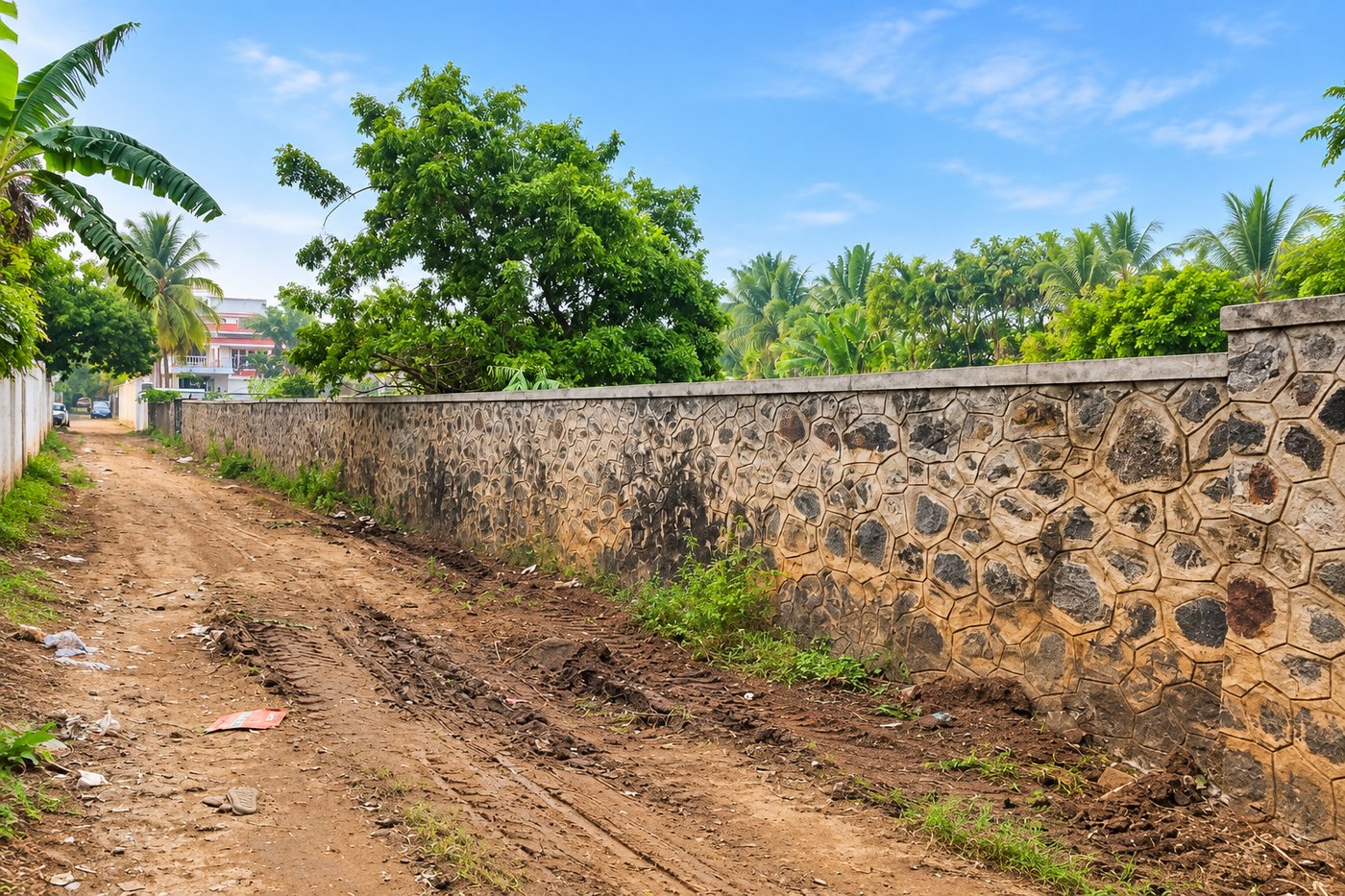 Compound wall of beach-side land for sale in Uthandi, before toll